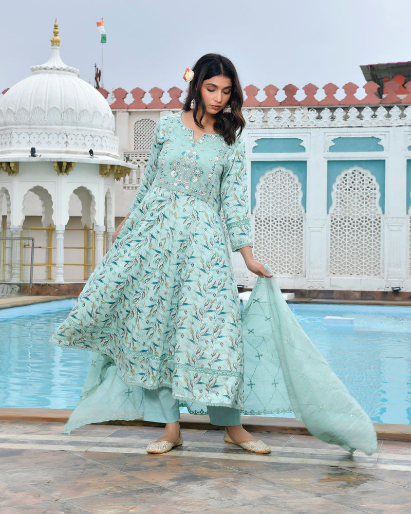 Women Cotton Anarkali Set with Solid Pant and Embroidered Dupatta
