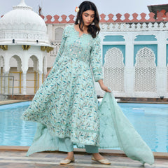 Women Cotton Anarkali Set with Solid Pant and Embroidered Dupatta
