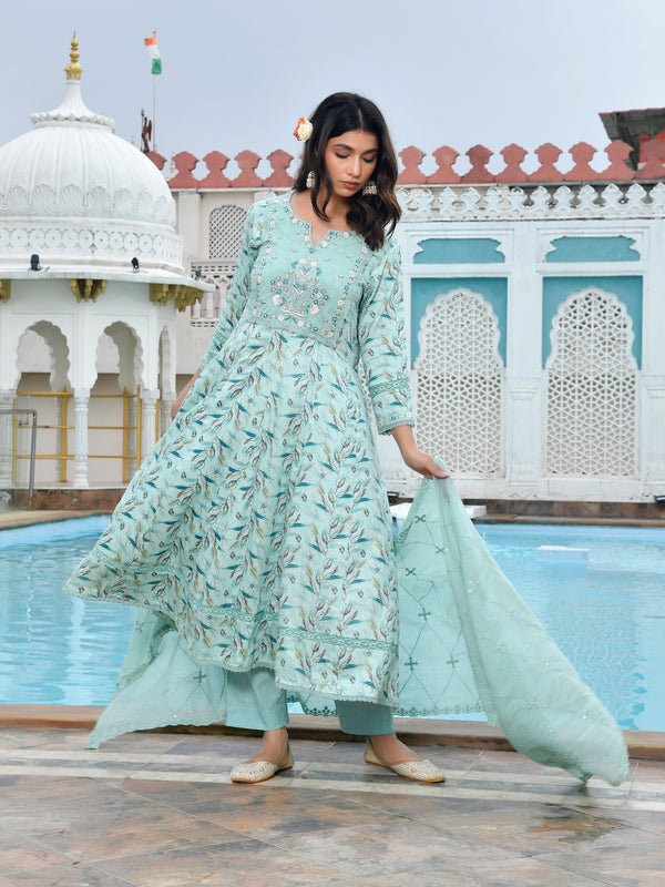 Women Cotton Anarkali Set with Solid Pant and Embroidered Dupatta