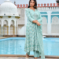 Women Cotton Anarkali Set with Solid Pant and Embroidered Dupatta