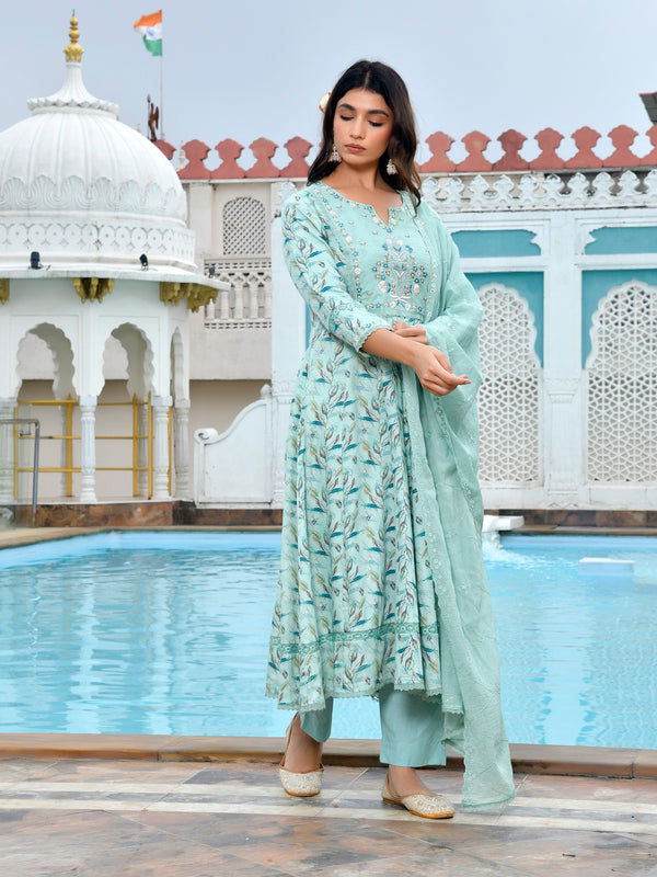 Women Cotton Anarkali Set with Solid Pant and Embroidered Dupatta