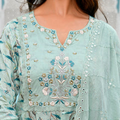 Women Cotton Anarkali Set with Solid Pant and Embroidered Dupatta