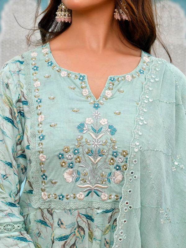 Women Cotton Anarkali Set with Solid Pant and Embroidered Dupatta