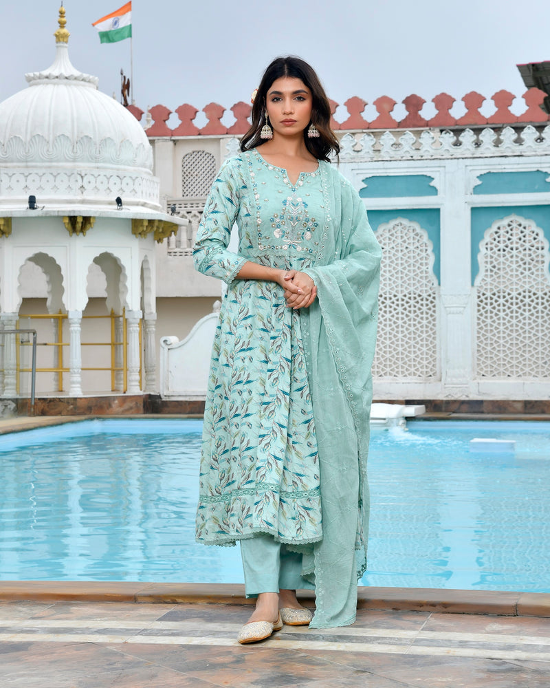 Women Cotton Anarkali Set with Solid Pant and Embroidered Dupatta