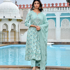 Women Cotton Anarkali Set with Solid Pant and Embroidered Dupatta