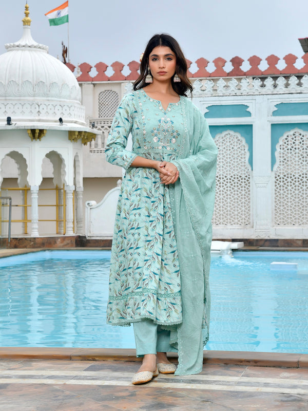 Women Cotton Anarkali Set with Solid Pant and Embroidered Dupatta