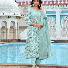 Women Cotton Anarkali Set with Solid Pant and Embroidered Dupatta