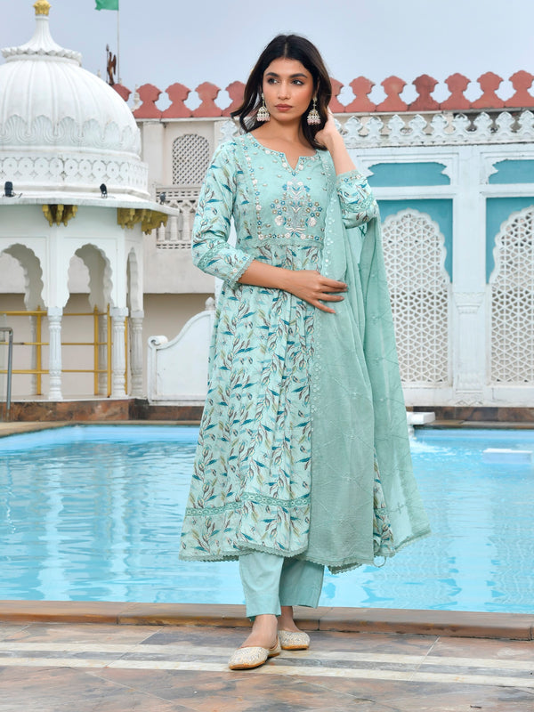 Women Cotton Anarkali Set with Solid Pant and Embroidered Dupatta