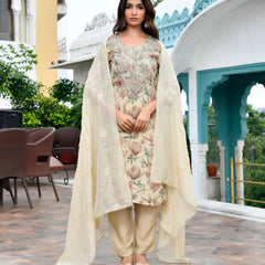 Women Tissue Embroidered Suit Set with Solid Pant and Embroidered Dupatta