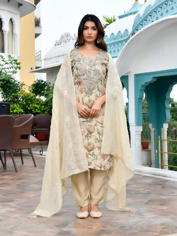Women Tissue Embroidered Suit Set with Solid Pant and Embroidered Dupatta