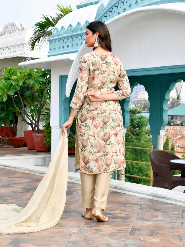 Women Tissue Embroidered Suit Set with Solid Pant and Embroidered Dupatta