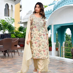 Women Tissue Embroidered Suit Set with Solid Pant and Embroidered Dupatta