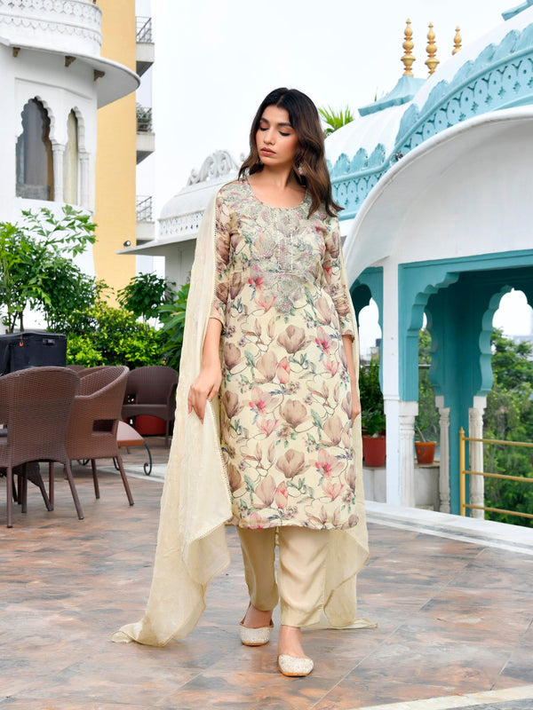Women Tissue Embroidered Suit Set with Solid Pant and Embroidered Dupatta