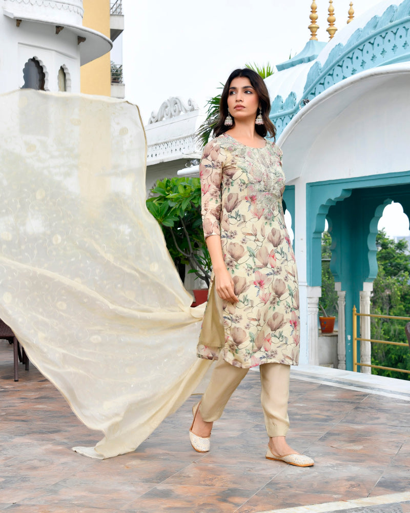 Women Tissue Embroidered Suit Set with Solid Pant and Embroidered Dupatta