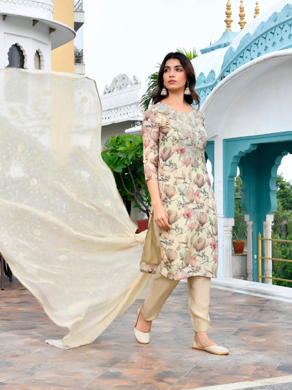 Women Tissue Embroidered Suit Set with Solid Pant and Embroidered Dupatta