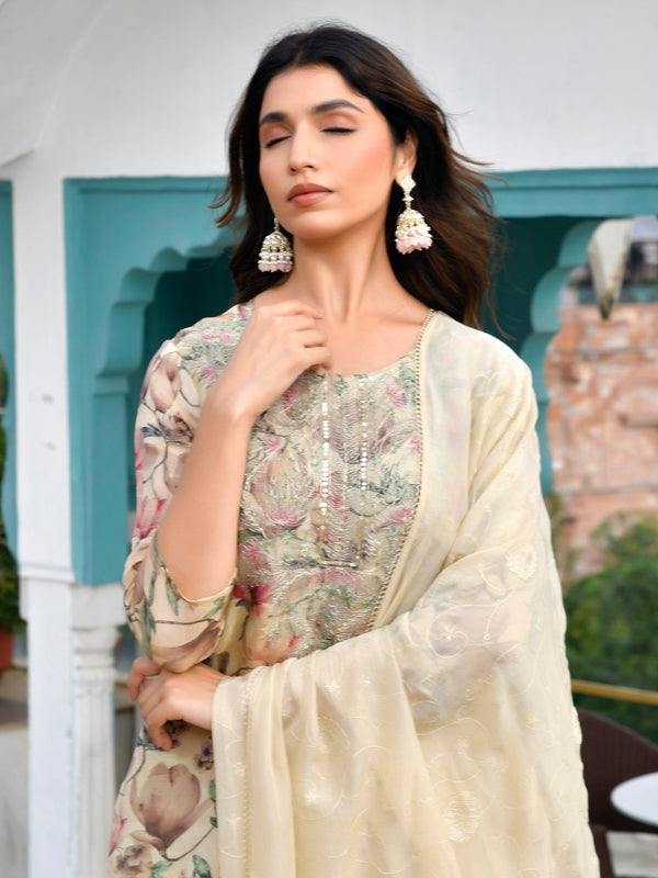 Women Tissue Embroidered Suit Set with Solid Pant and Embroidered Dupatta