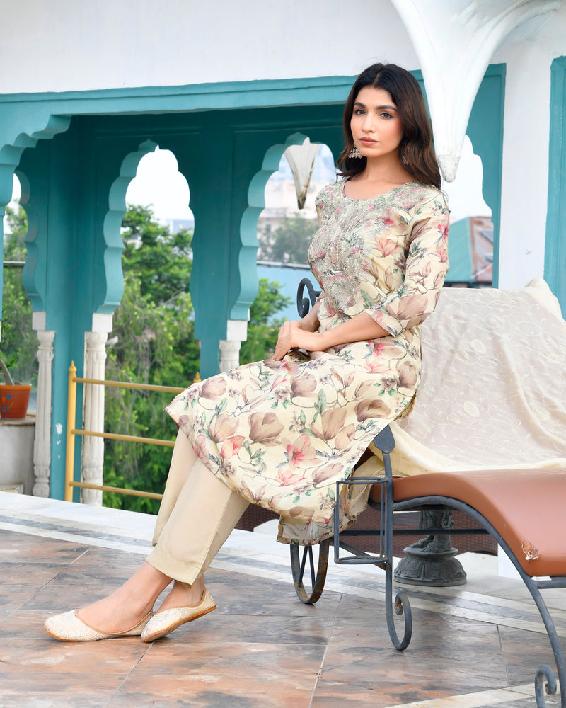 Women Tissue Embroidered Suit Set with Solid Pant and Embroidered Dupatta