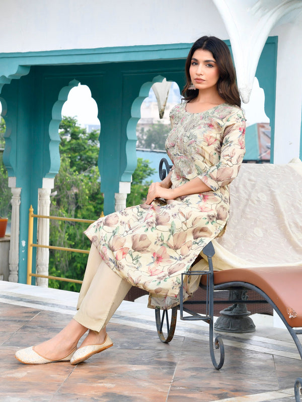 Women Tissue Embroidered Suit Set with Solid Pant and Embroidered Dupatta