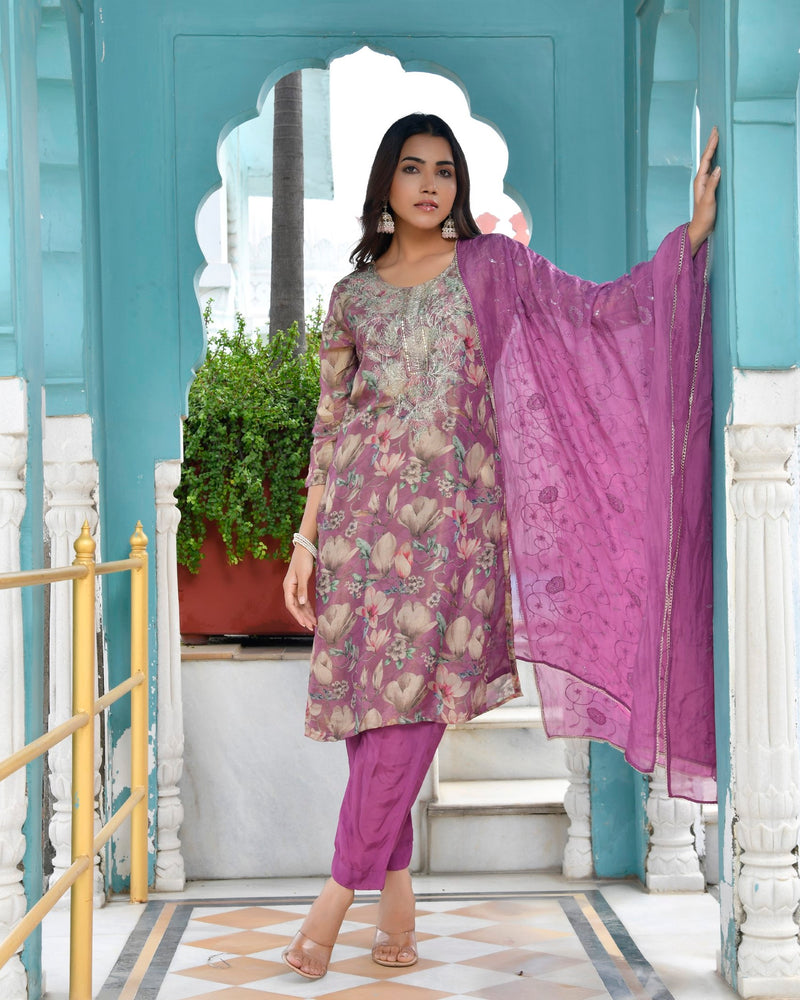 Women Tissue Embroidered Suit Set with Solid Pant and Embroidered Dupatta