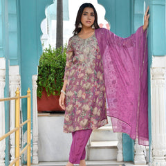 Women Tissue Embroidered Suit Set with Solid Pant and Embroidered Dupatta