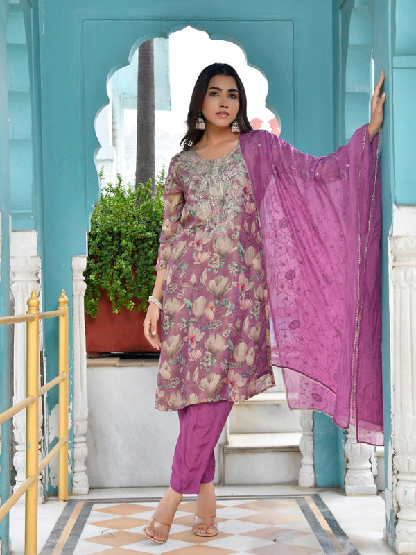 Women Tissue Embroidered Suit Set with Solid Pant and Embroidered Dupatta