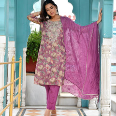 Women Tissue Embroidered Suit Set with Solid Pant and Embroidered Dupatta