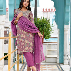 Women Tissue Embroidered Suit Set with Solid Pant and Embroidered Dupatta