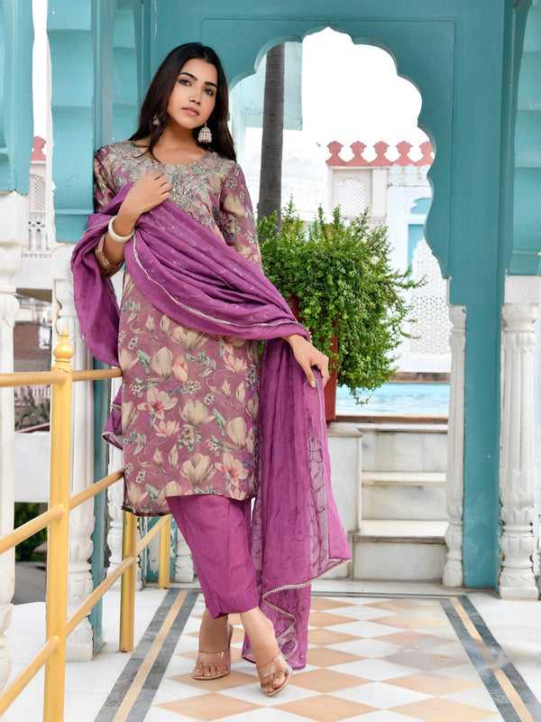 Women Tissue Embroidered Suit Set with Solid Pant and Embroidered Dupatta