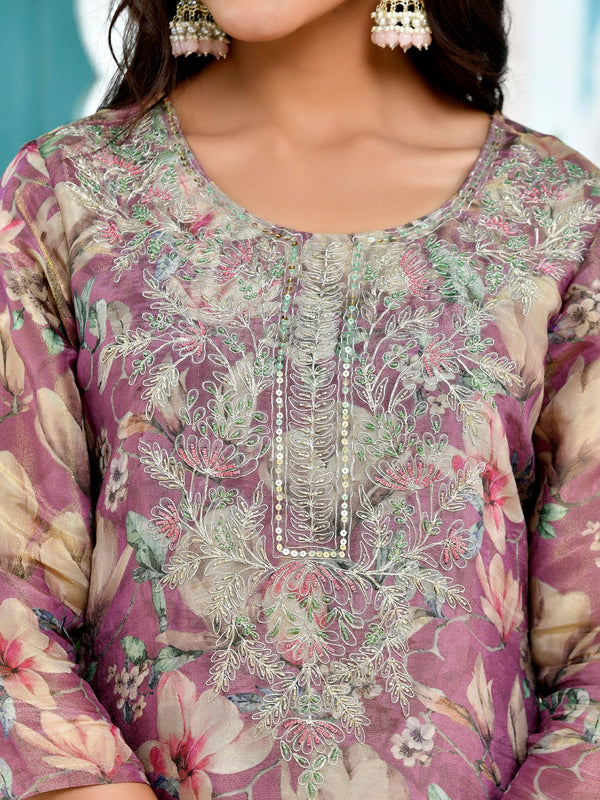 Women Tissue Embroidered Suit Set with Solid Pant and Embroidered Dupatta