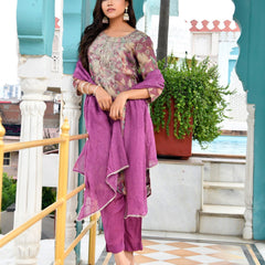 Women Tissue Embroidered Suit Set with Solid Pant and Embroidered Dupatta