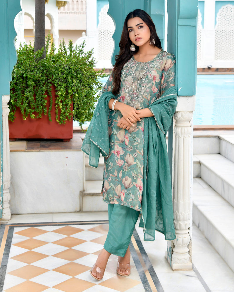 Women Tissue Embroidered Suit Set with Solid Pant and Embroidered Dupatta
