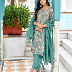 Women Tissue Embroidered Suit Set with Solid Pant and Embroidered Dupatta