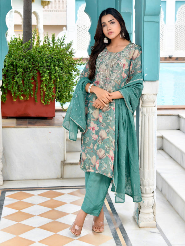 Women Tissue Embroidered Suit Set with Solid Pant and Embroidered Dupatta