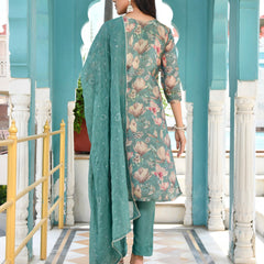 Women Tissue Embroidered Suit Set with Solid Pant and Embroidered Dupatta
