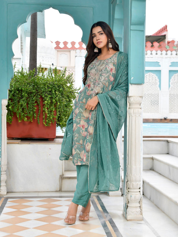 Women Tissue Embroidered Suit Set with Solid Pant and Embroidered Dupatta