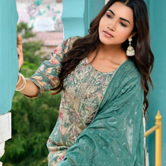 Women Tissue Embroidered Suit Set with Solid Pant and Embroidered Dupatta