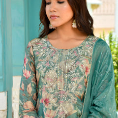 Women Tissue Embroidered Suit Set with Solid Pant and Embroidered Dupatta