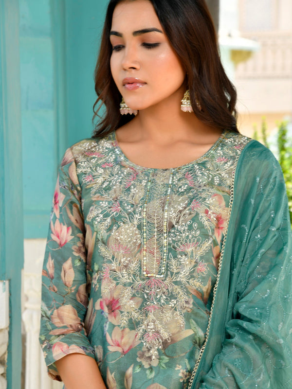 Women Tissue Embroidered Suit Set with Solid Pant and Embroidered Dupatta