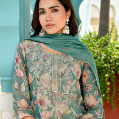 Women Tissue Embroidered Suit Set with Solid Pant and Embroidered Dupatta