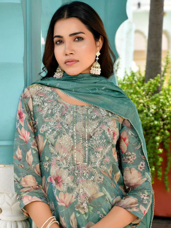 Women Tissue Embroidered Suit Set with Solid Pant and Embroidered Dupatta