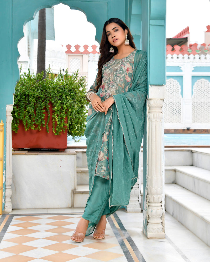 Women Tissue Embroidered Suit Set with Solid Pant and Embroidered Dupatta