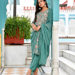 Women Tissue Embroidered Suit Set with Solid Pant and Embroidered Dupatta
