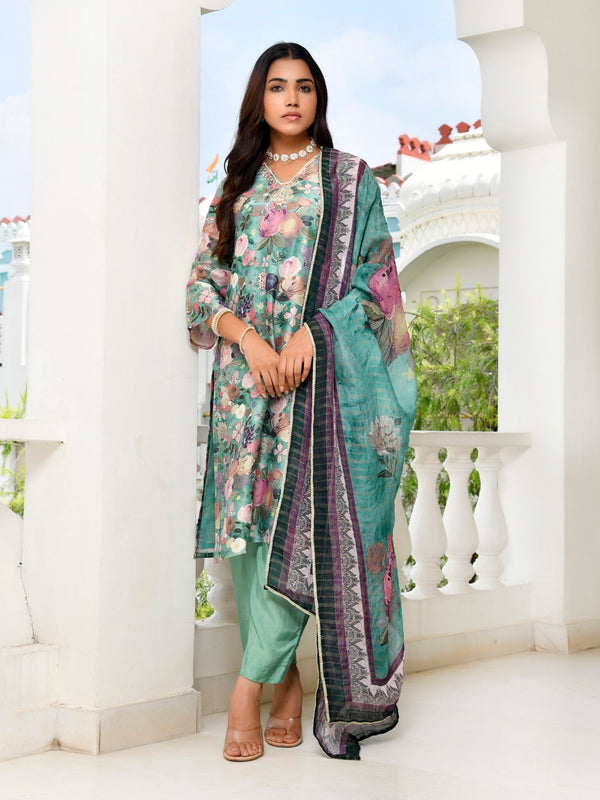 Women Tissue gota Embroidered Suit Set with Solid Pant and Embroidered Dupatta