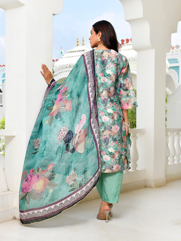 Women Tissue gota Embroidered Suit Set with Solid Pant and Embroidered Dupatta