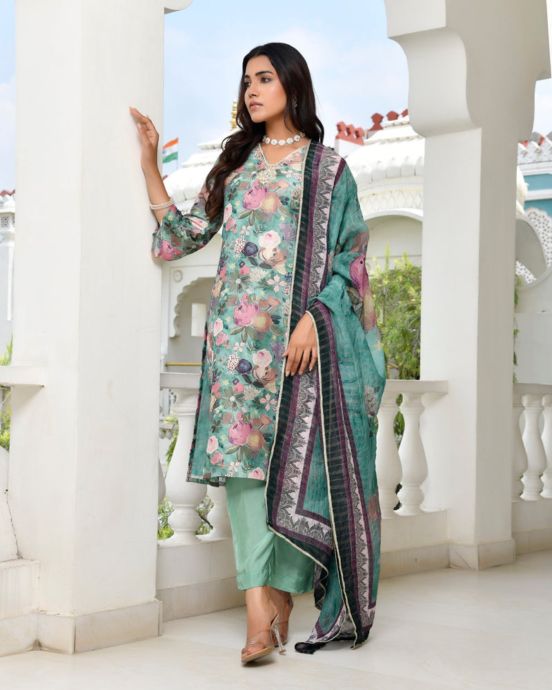 Women Tissue gota Embroidered Suit Set with Solid Pant and Embroidered Dupatta