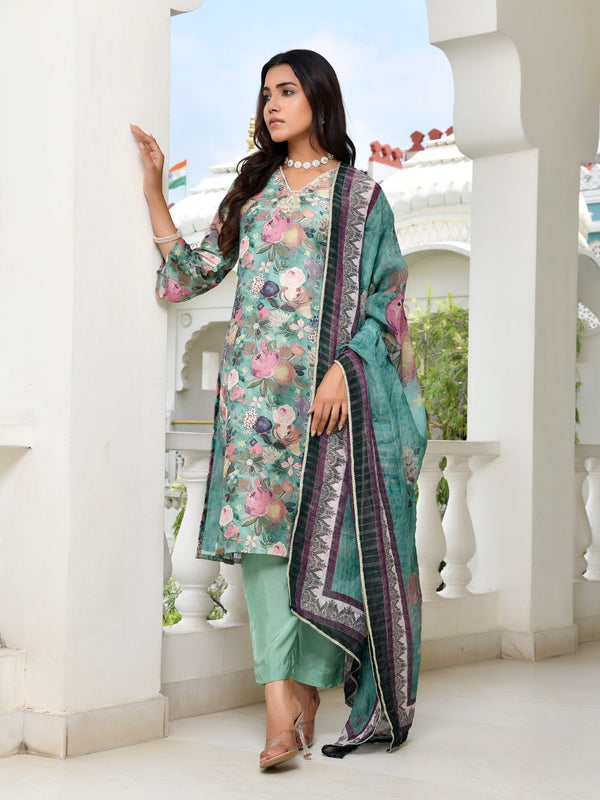 Women Tissue gota Embroidered Suit Set with Solid Pant and Embroidered Dupatta
