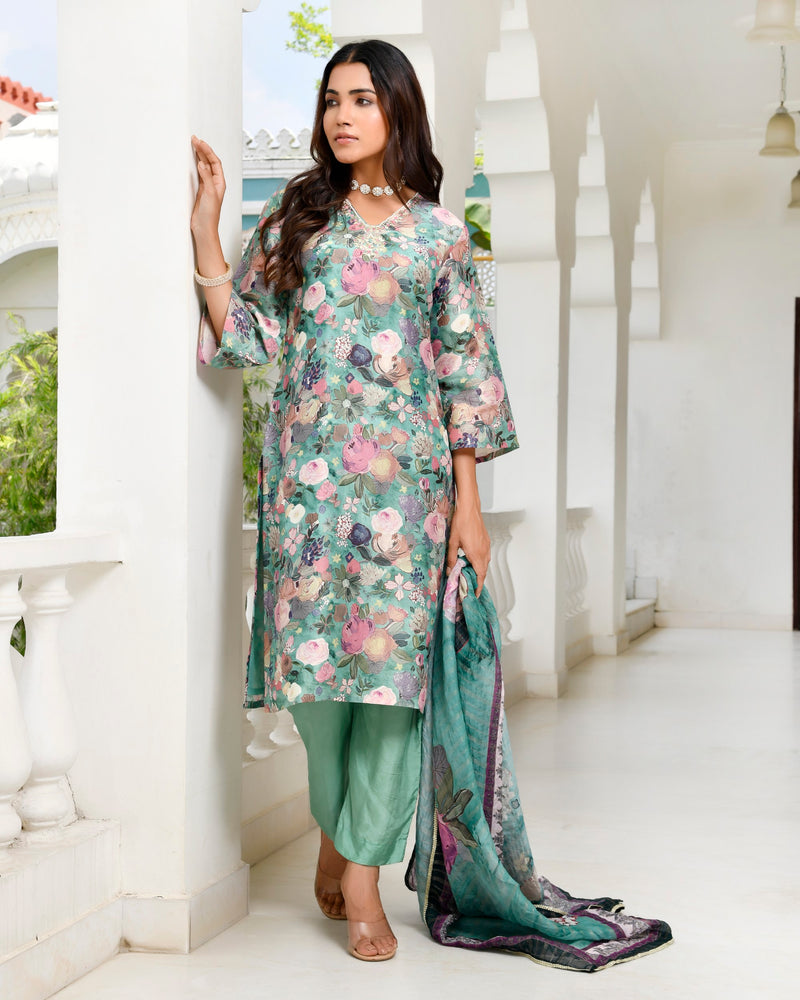 Women Tissue gota Embroidered Suit Set with Solid Pant and Embroidered Dupatta