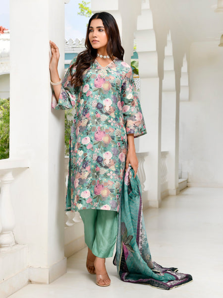 Women Tissue gota Embroidered Suit Set with Solid Pant and Embroidered Dupatta