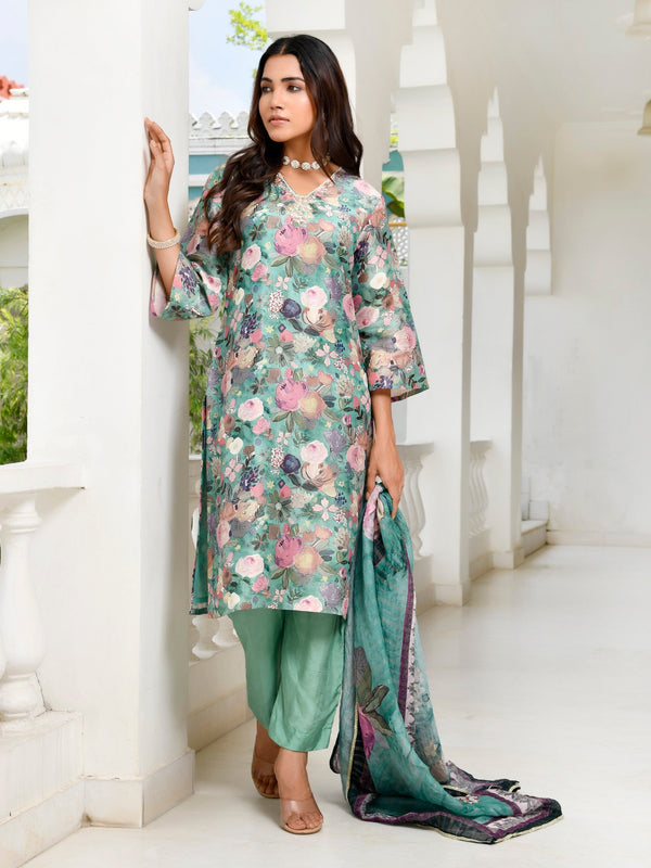 Women Tissue gota Embroidered Suit Set with Solid Pant and Embroidered Dupatta