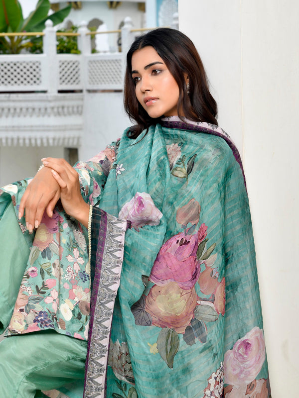 Women Tissue gota Embroidered Suit Set with Solid Pant and Embroidered Dupatta